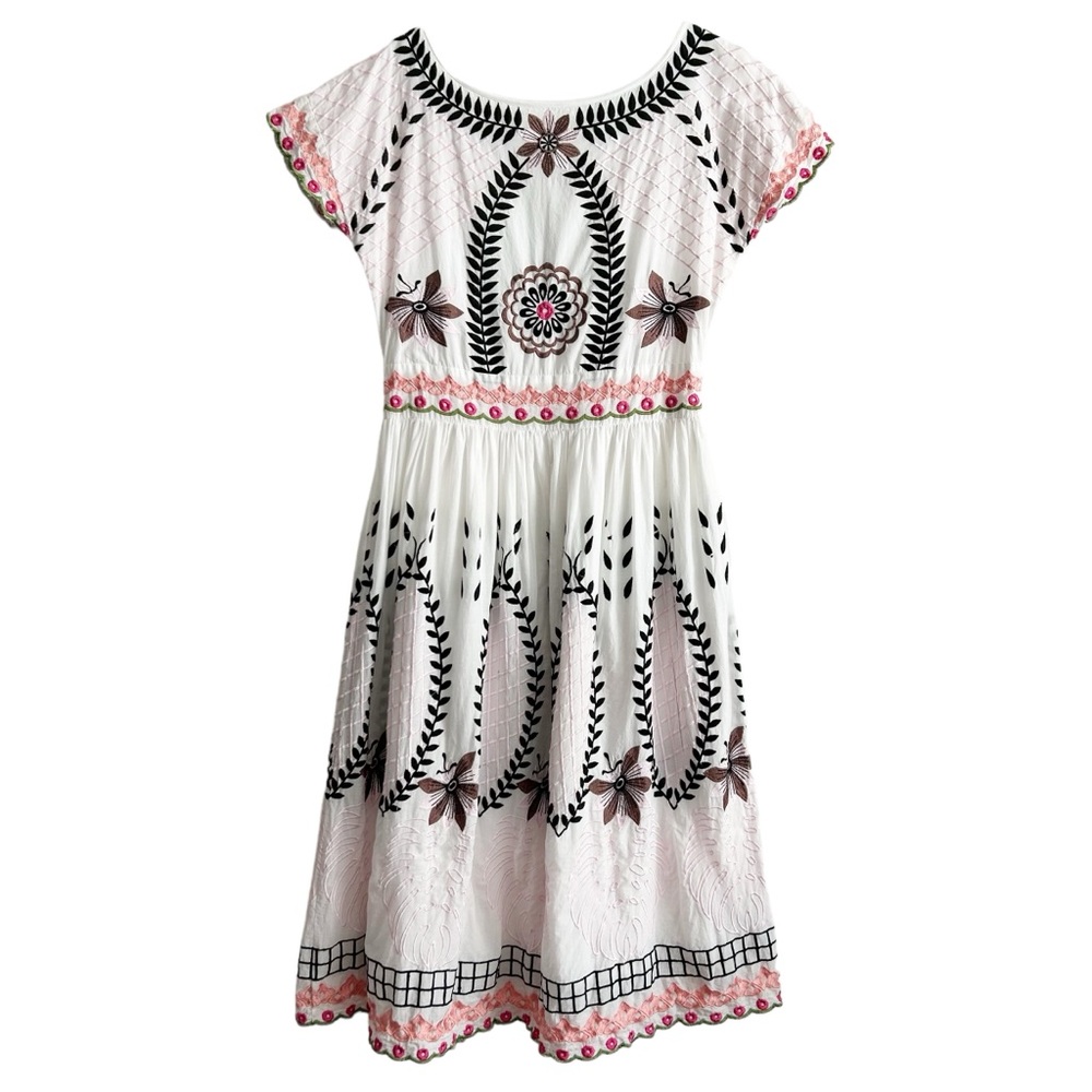 Lovely Alex.Max Boho Hand Embroidered Floral White Cotton Dress S/M